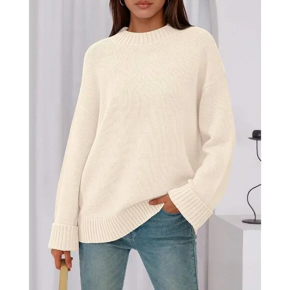 Women's Ribbed Knit Crewneck Sweater Cozy Long Sleeve Fall Winter Clothes - Picture 2 of 8